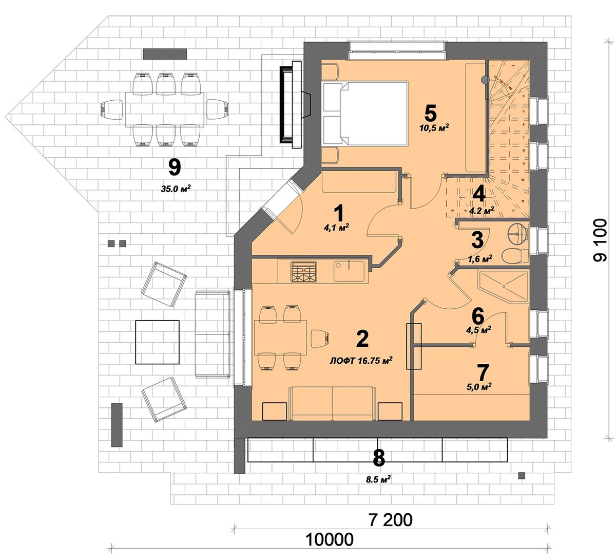 1. холл 4.1 м2, 2. лофт 16.7 м2, 3. туалет 1.6 м2, 4. лестница 4.2 м2, 5. спальня 10.5 м2, 6. душевая, раздевалка 4.5 м2, 7. парная 5.0 м2, 8. дровяник 8.5 м2, 9. терраса с летней столовой, барбекю, диванной зоной отдыха 30.0 м2