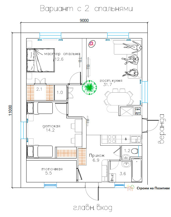 Проект дома 9*11 с двумя спальнями