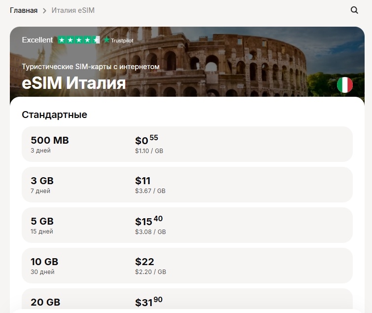 Тарифы Yesim для Италии