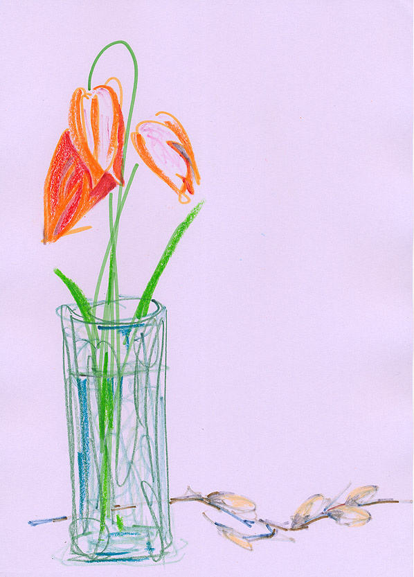 Набросок выполнен в стиле "Лаконичная линия". Все ждем весны, я старался передать настроение от будущего. Ранняя весна, март апрель. Тюльпаны символ весны и веточка вербы. Легко, змечательно по моему получилоь. Работа уже продана еще два года назад, но возможен ремейк.