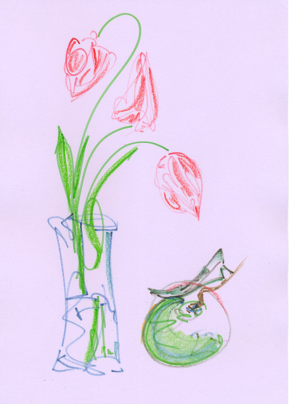 Летний натюрморт.  Тюльпаны, наверное, возможны в любое время года, а яблого июль-август. А может быть осень, антоновка. Зеленое ведь. Впрочем как будет угодно. Лихо. Сам себя хвалю.