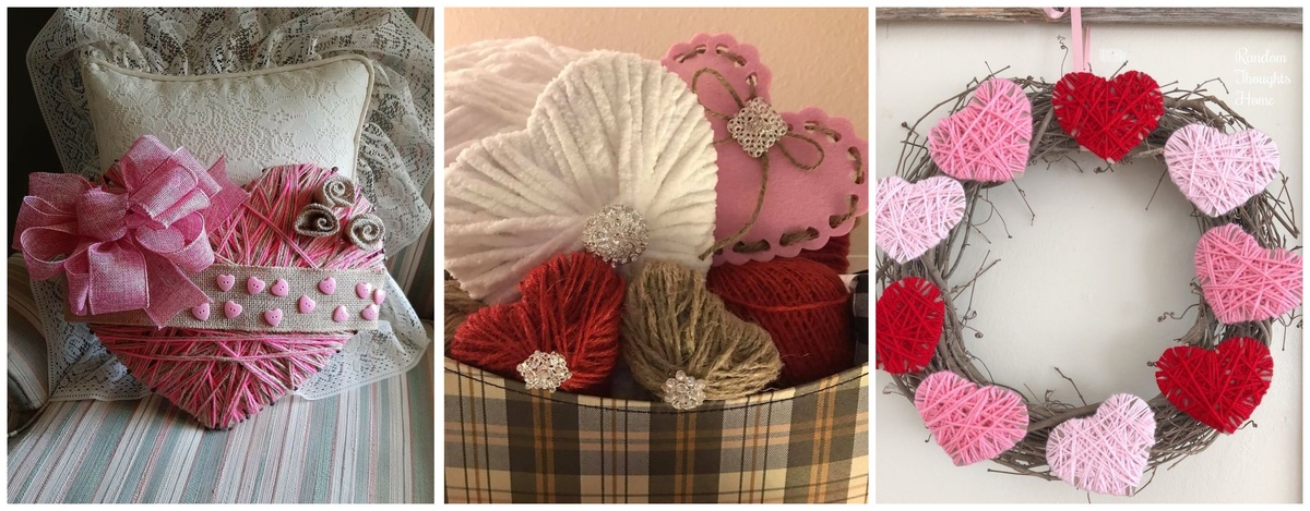 Такие сердечки легко создать с детьми. У любой хозяйки найдется кусочек картона и нитки.