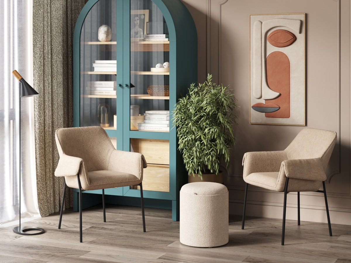 Кресло лаунж Бесс альпака бежевый, Пуф-столик с ящиком Хюгге S букле бежевый, Торшер Moderli V10474-1F Turin