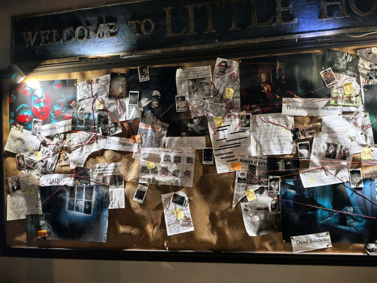 В баре висит крутая доска в стилистике "расследование пропавших людей и преступлений"