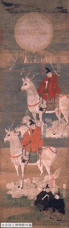 Такэмикадзути-но микото верхом на олене в компании ещё одного божества, XIV век