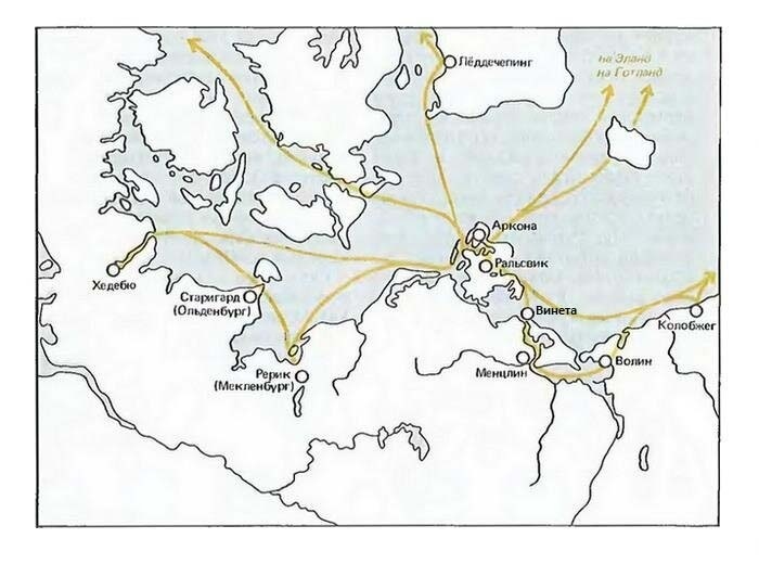 Аркона как главный порт Руси Яра. Хронист середины XI века Адам Бременский рассказывает о балтийском торговом пути, начинавшемся в Старигарде, проходившем через порт земли лютичей Дымин (Деммин), порт Винета земли поморян и прусскую землю (Земландию) до Руси Славян.
