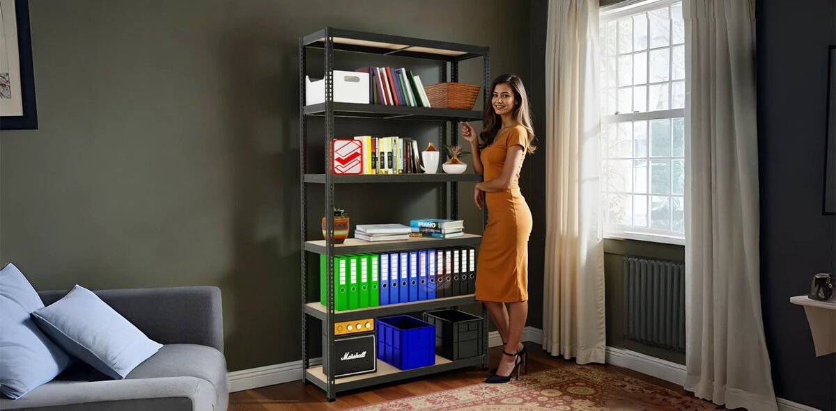 Стильный и крепкий стеллаж для книг - фото в интерьере гостиной - СтеллажМастер