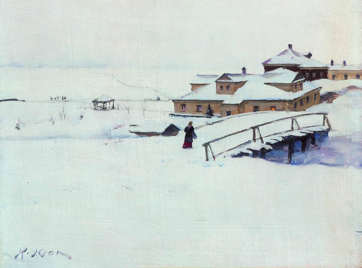 "Зимка", 1910 год. Фанера, масло. 23 x 30 см. Частное собрание
