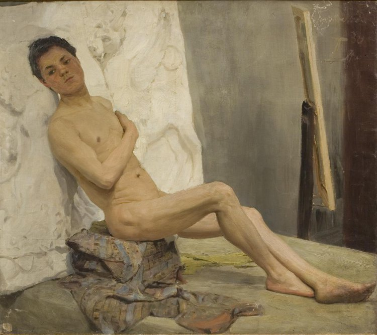 Г.Н. Горелов.  Натурщик сидящий на фоне гипсового рельефа. 1904. Учебный этюд. НИМ РАХ.
