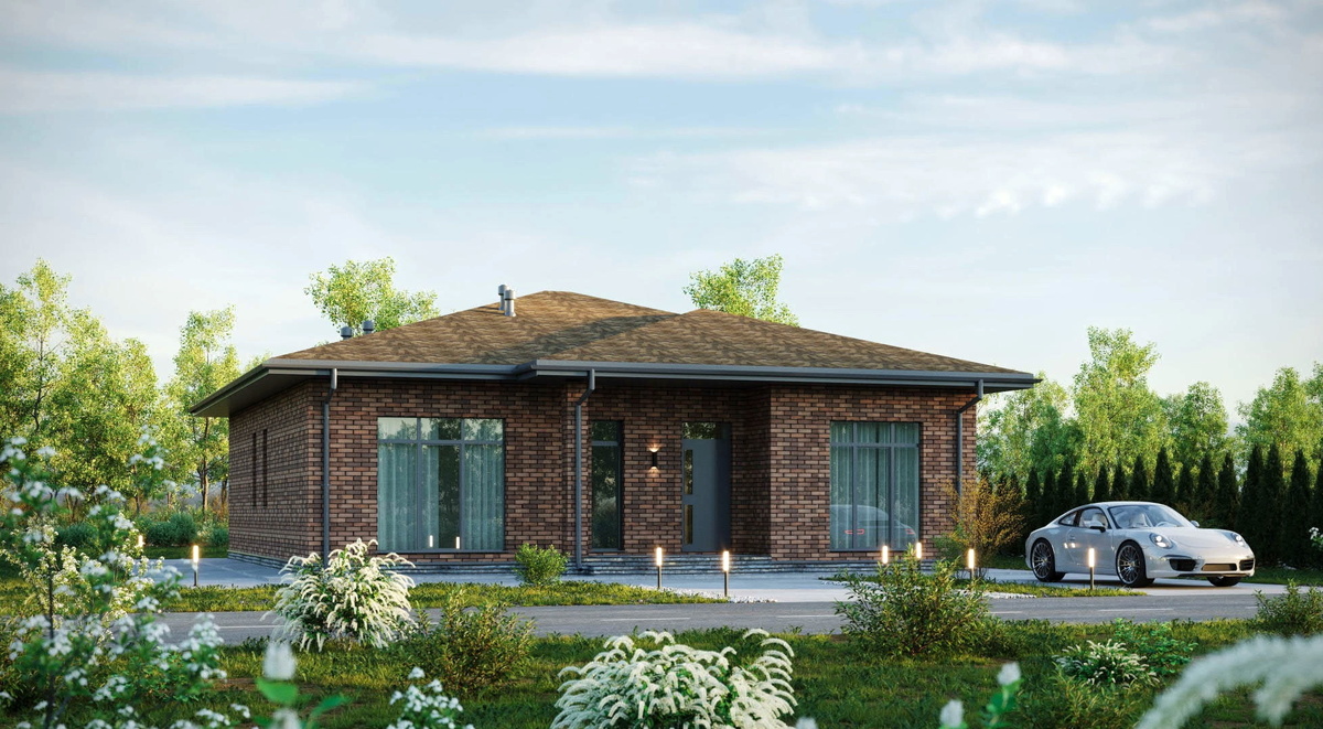 фасад одноэтажного дома по проекту "Лазурит" общей площадью 135 м²с террасой 10,39 м².