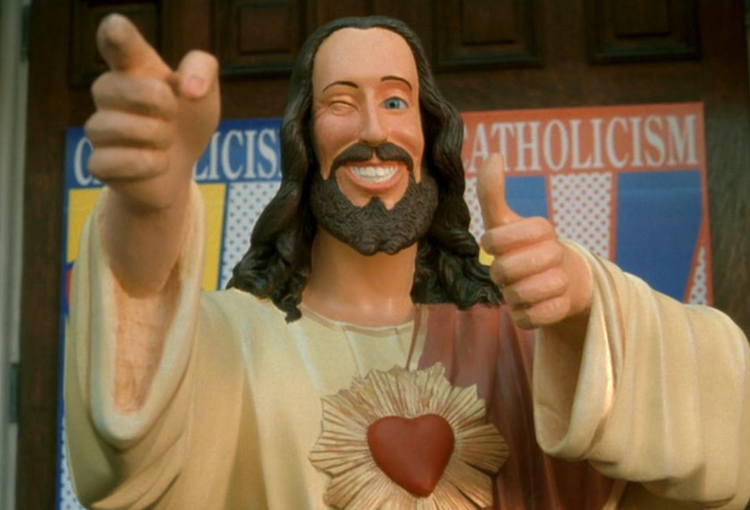 Кадр из к/ф "Догма", 1999 год. Рекламная кампания "Католичество - это круто!"