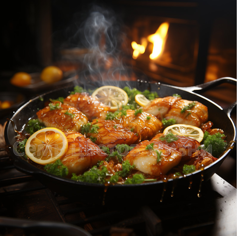 Кусочки рыбы обжариваются в горячем масле на сковороде, с одной стороны образуется хрустящая корочка. Над сковородой поднимается пар 