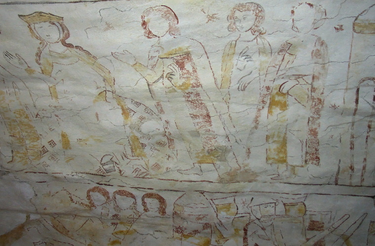 Сцена из 26 средневековых фресок в подвале "Гессенхофа", изображающих легенду об Ивейне.