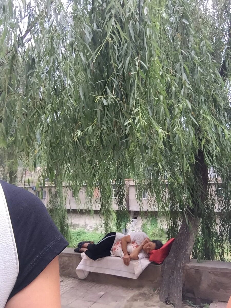 Женщина спит на узком парапете, за ней обрыв и река.