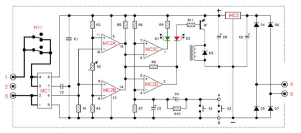 Принципиальная схема автоматического электромеханического выключателя постоянного/переменного тока с функцией регулировки срабатывания по току, собранного на основе микросхем ACS712ELCTR-20A-T и LM339