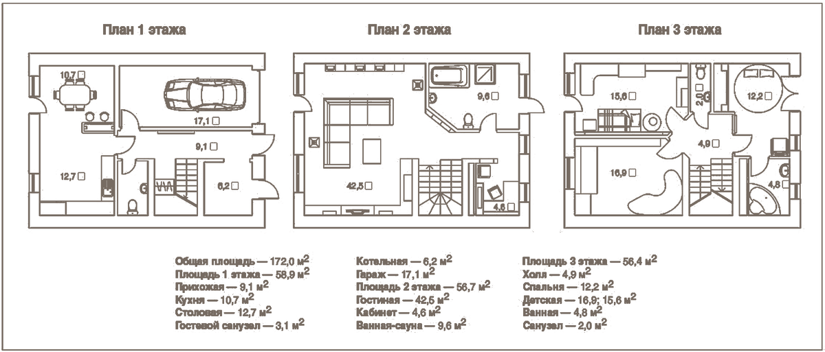 Планировки трех этажей таунхауса с расстановкой мебели и экспликацией