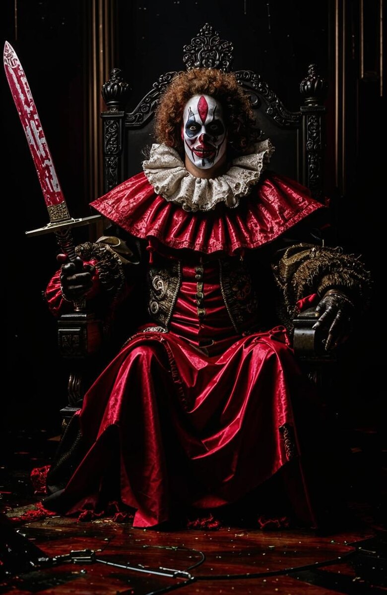 Злой клоун на троне (картинка сгенерирована Kandinsky 3.1.)