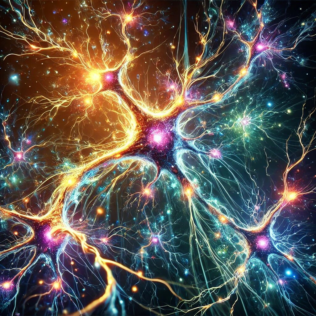 Художественная визуализация гипотетического нейрогенеза – рождение новых нейронов с яркими синаптическими соединениями в космической, биолюминесцентной среде.