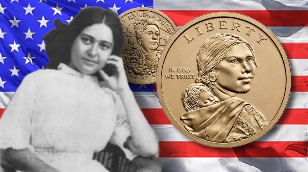 Мэри Кавена Пукуи в молодости. Аверс монеты США 1$ 2025г. «Мэри Кавена Пукуи»
