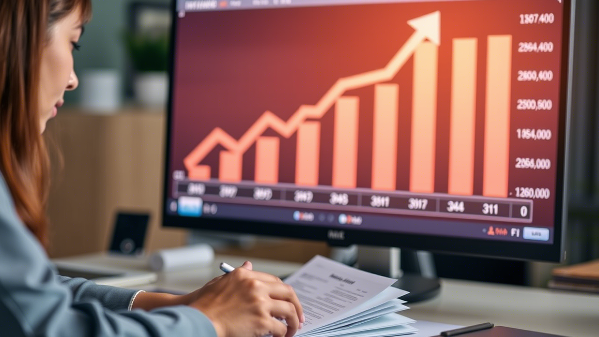 График с растущими стрелками и человек, изучающий документы на фоне экрана с цифрами. «Финансовая отчетность = диагноз компании».