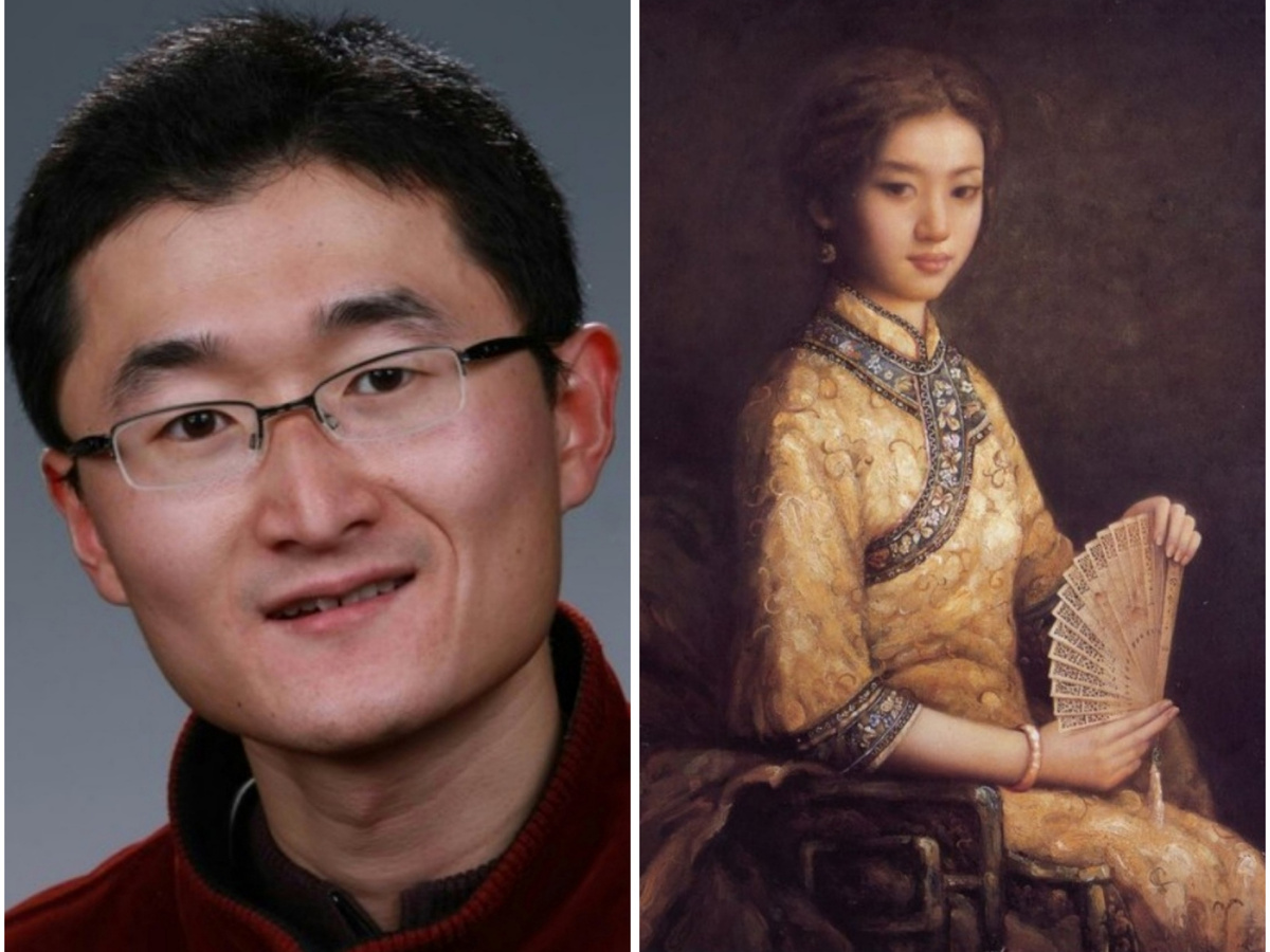 Китайский художник Чжао Чун и женский портрет его работы. Все картины он пишет маслом (коллаж автора, фото из открытых источников в интернете)