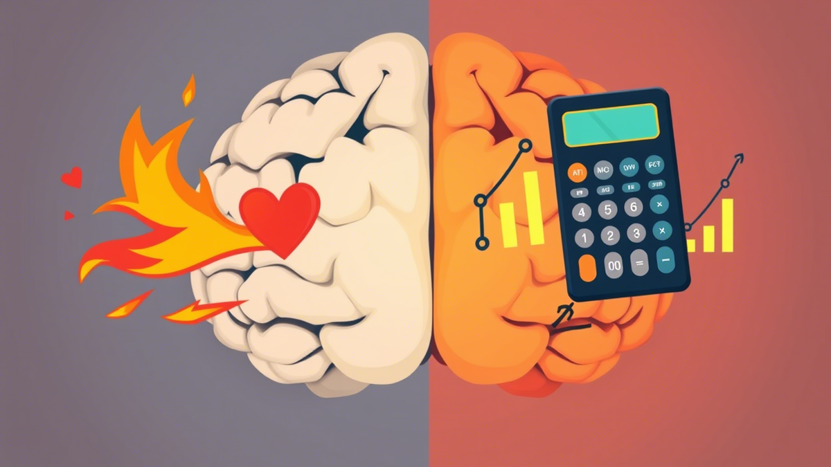 Мозг, разделенный на две части: слева — эмоции (огонь, сердце), справа — логика (калькулятор, графики). «Кто победит: страх или разум?».