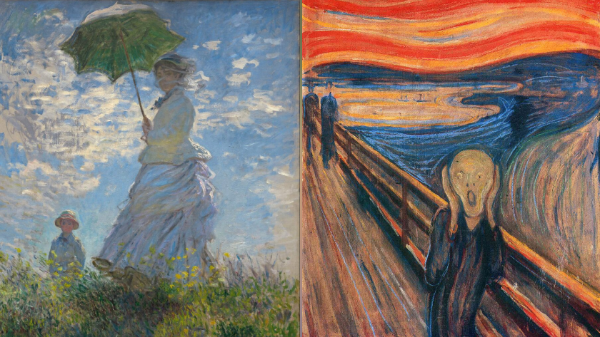    Картина импрессиониста Клода Моне "Прогулка. Дама с зонтиком", 1875 (слева) и картина экспрессиониста Эдварда Мунка «Крик», 1893 (справа), фото: artchive, Gallerix