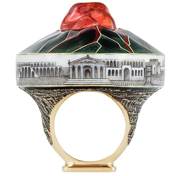 Гравированное золото, ювелирная эмаль, огненный опал