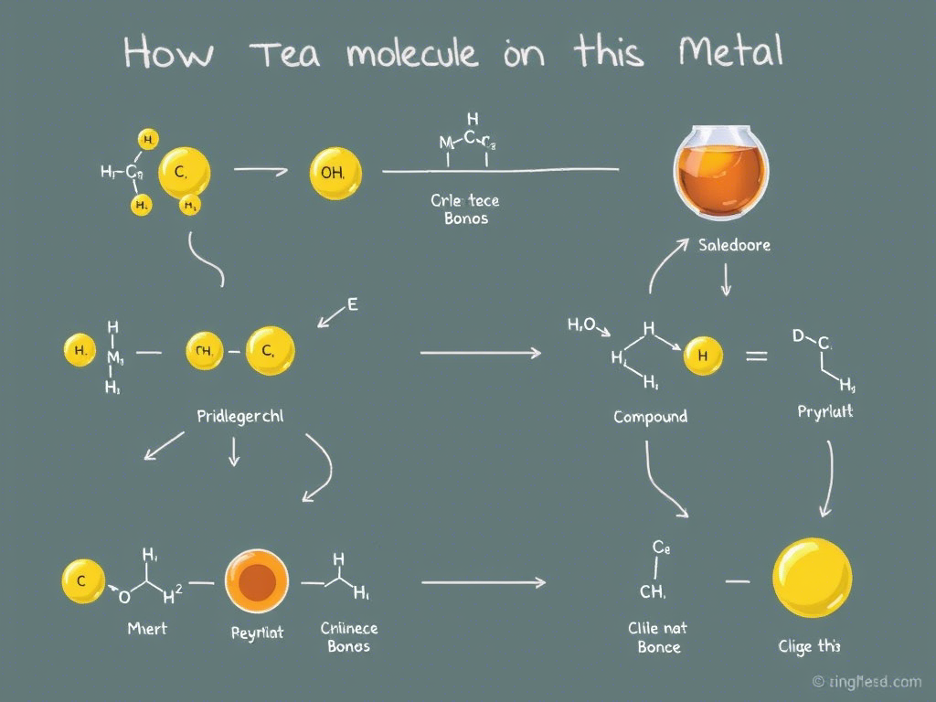 Схема химической реакции : молекулы чая взаимодействуют с металлом. 