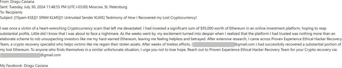 Псевдожертва рассказывает, что в результате криптовалютного мошенничества потеряла $95 тыс. и единственная возможность вернуть деньги — нанять хакеров. Разумеется, не бесплатно