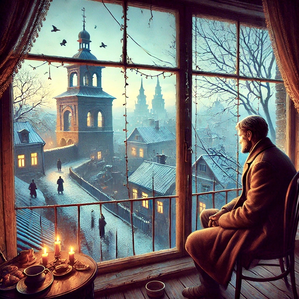 Князь Андрей в полном режиме рефлексии: он сидит у окна, думает о смысле жизни, а за окном Ростовы кайфуют на снегу. Получилось атмосферно, как тебе?