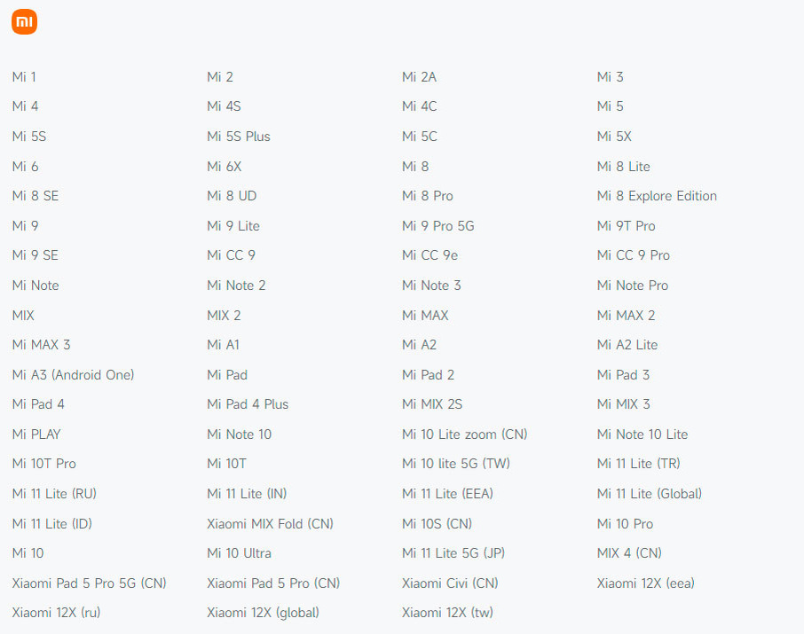 Модели Xiaomi, поддержка которых прекращена