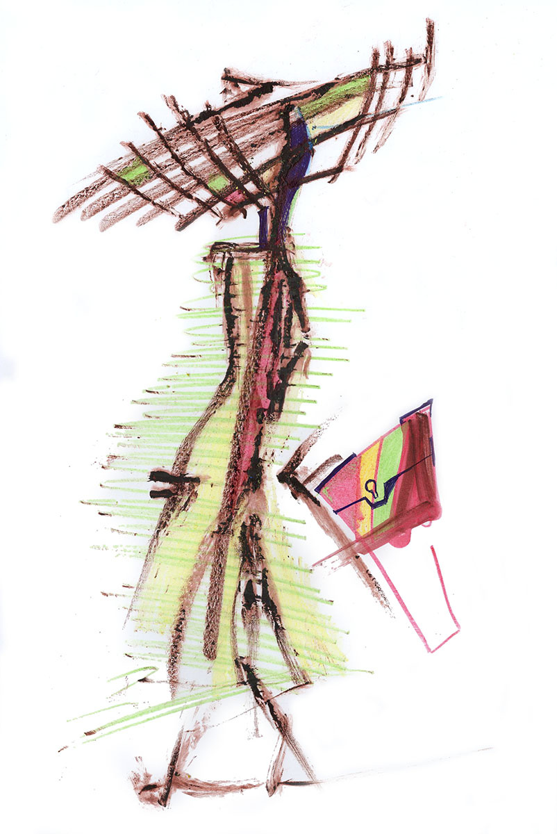 Девушка с сумочкой. Сломанные, засохшие фломастеры. Цветные карандаши. Люблю в процессе творчества ломать использованные фломастеры, Рисую их внутренностями, т.е. ватными тампонами. Или нещадно жму на по бумаге, бумага все выдержит.