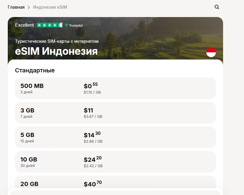 Тарифы Yesim для Индонезии