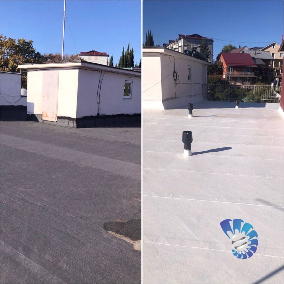 Ремонт протечек на наплавляемой кровли составом Жидкая кровля РУФ ПРО со сплошным армированием