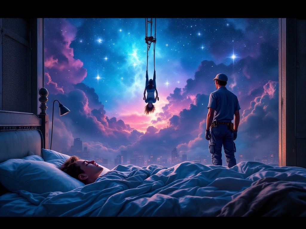    К чему такое снится: На рисунке изображен мужчина, отступающий от края мостового крана, взирающий вниз на висящую вниз головой связанную женщину, похожую на его дочь. По всему видно, что