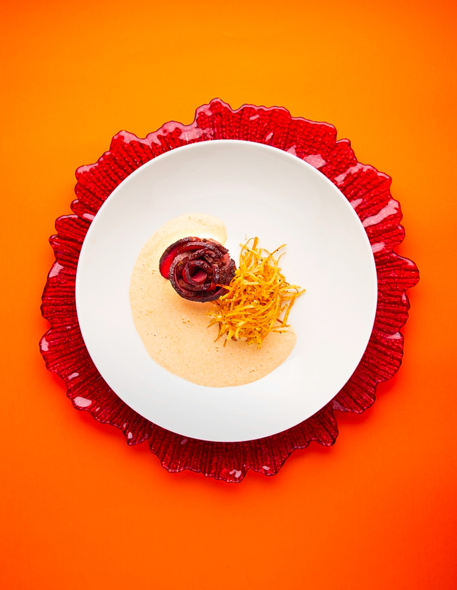 Гребешок с орзо и пеной из соуса вишисуаз