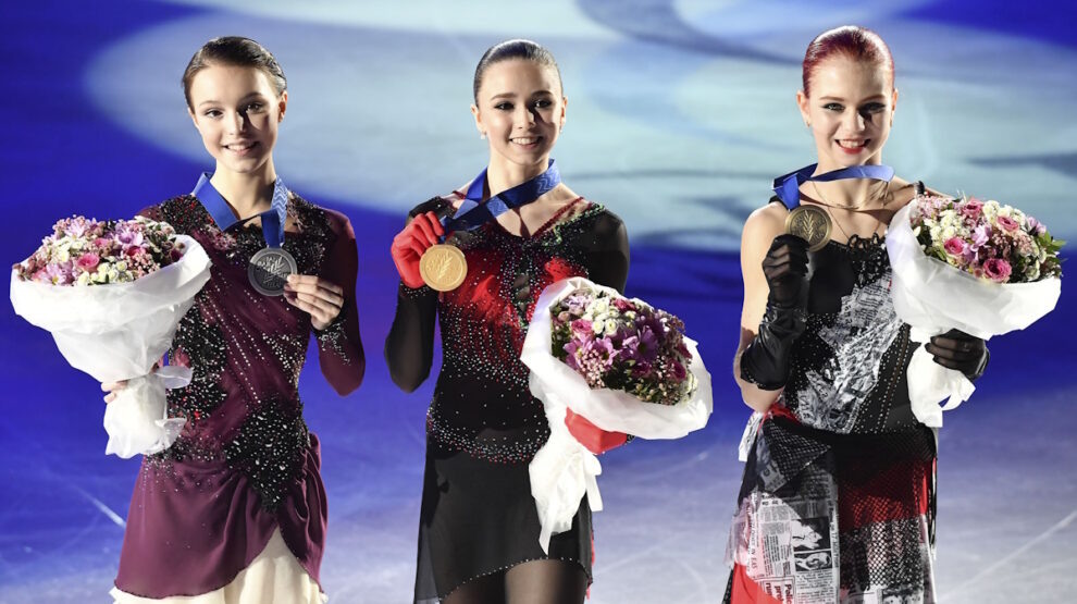   Щербакова, Валиева и Трусова на ЧЕ-2022 в Таллине. Фото: GLOBAL LOOK PRESS