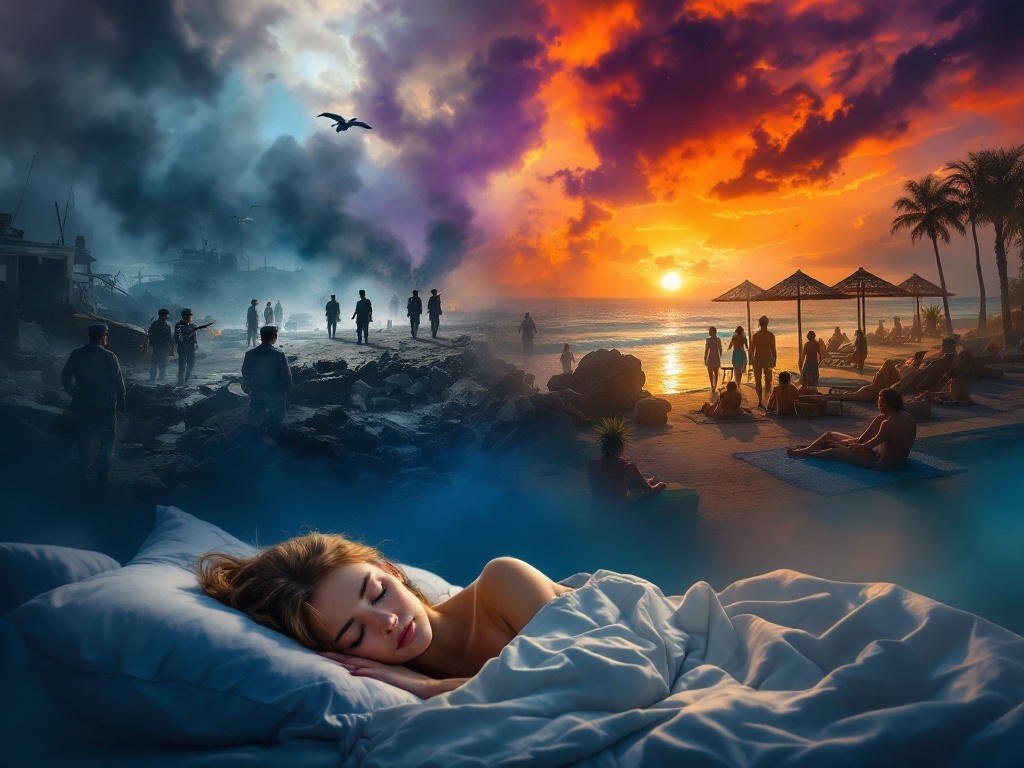    К чему такое снится: На картине изображены две зоны: одна зона показывает сцену военных происшествий с темными приглушенными цветами, где люди в военной униформе движутся среди разрушени