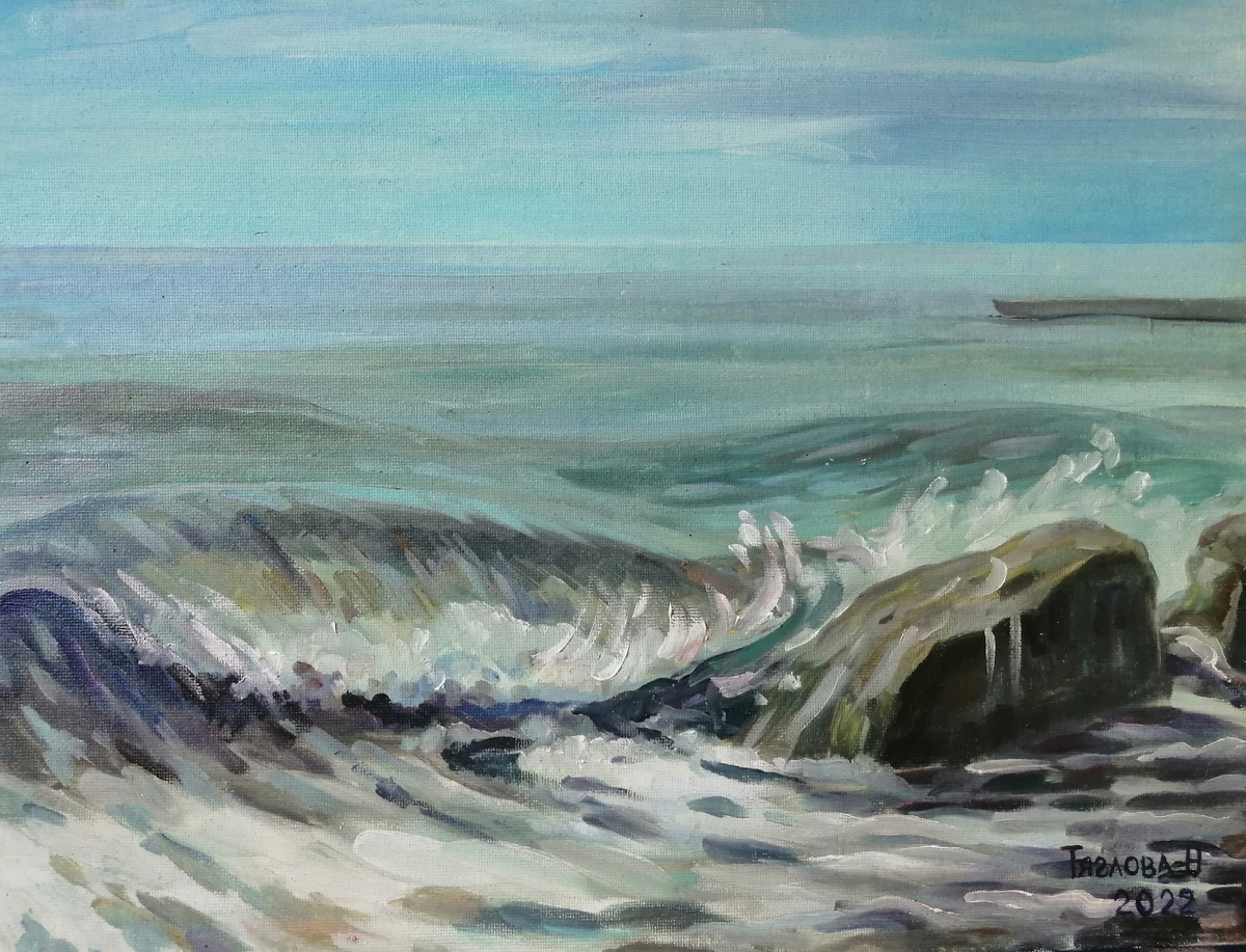 Тяглова Наталья. Волна и камень. Этюд с натуры. Холст, масло.