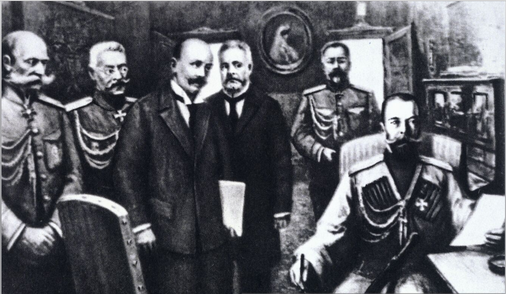 Отречение императора России Николая Второго в ночь на 3 марта 1917 г. В царском вагоне (слева направо): министр императорского двора Владимир Борисович Фредерикс, генерал Николай Владимирович Рузский, депутаты Госдумы Василий Витальевич Шульгин и Александр Иванович Гучков, император Николай Второй. Государственный Исторический музей. Фото: РИА Новости