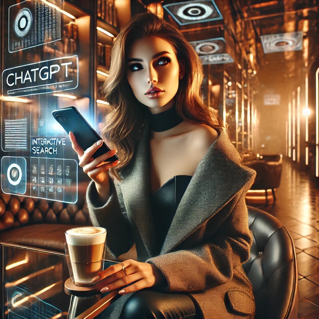 A stylish and modern young woman using ChatGPT search