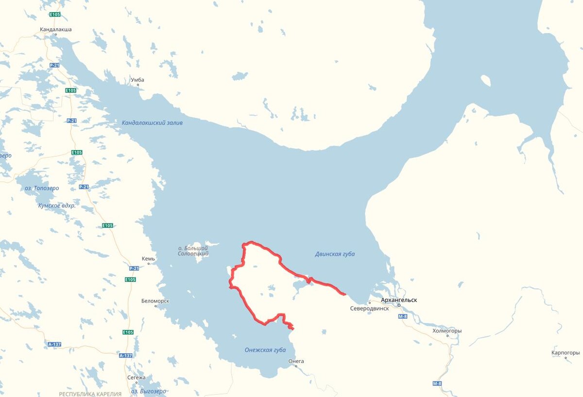 Нитка маршрута вокруг Онежского п-ова Белого моря.