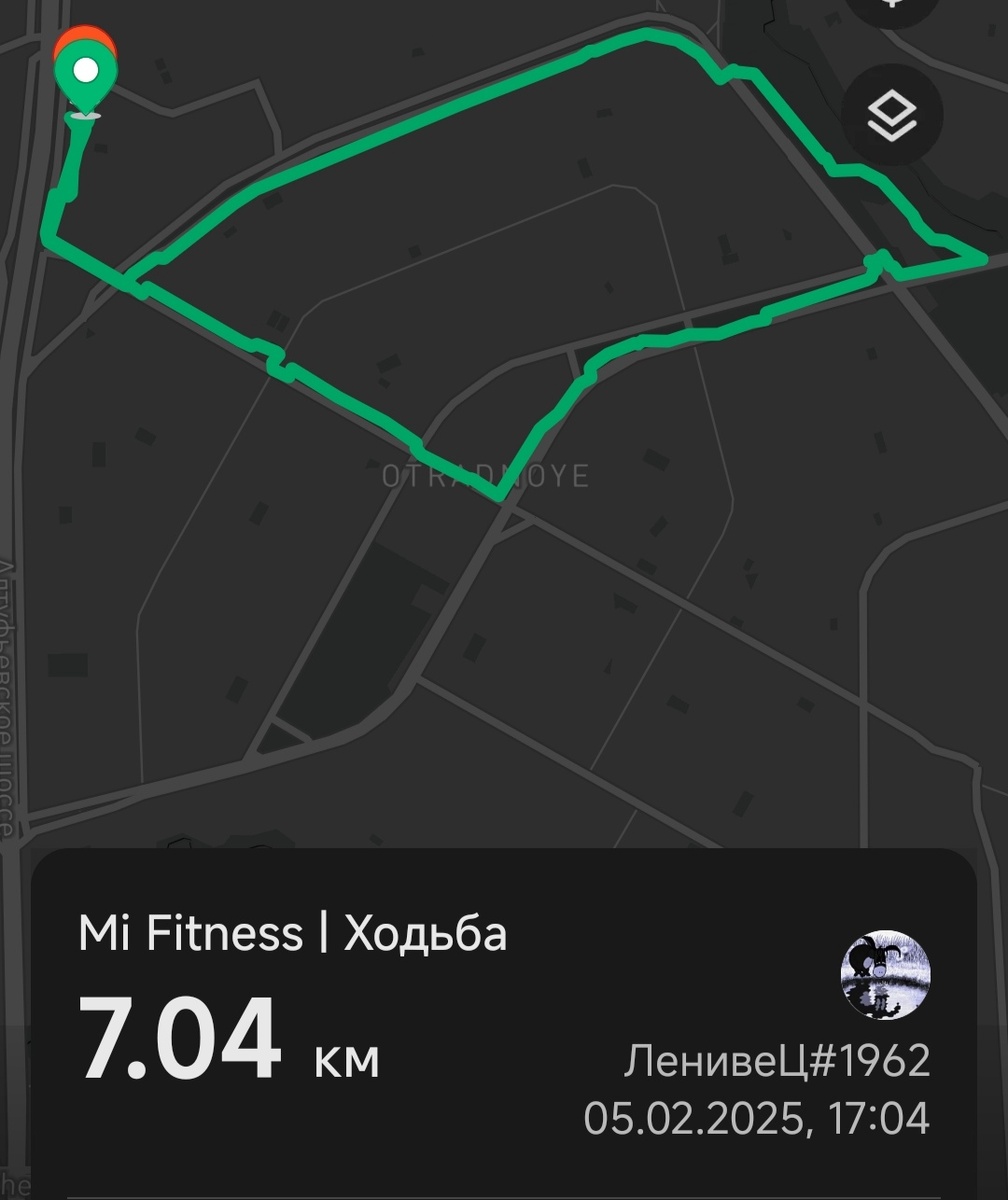 Схема маршрута прогулки от приложения Mi Fitness. Снимок экрана телефона автора.
