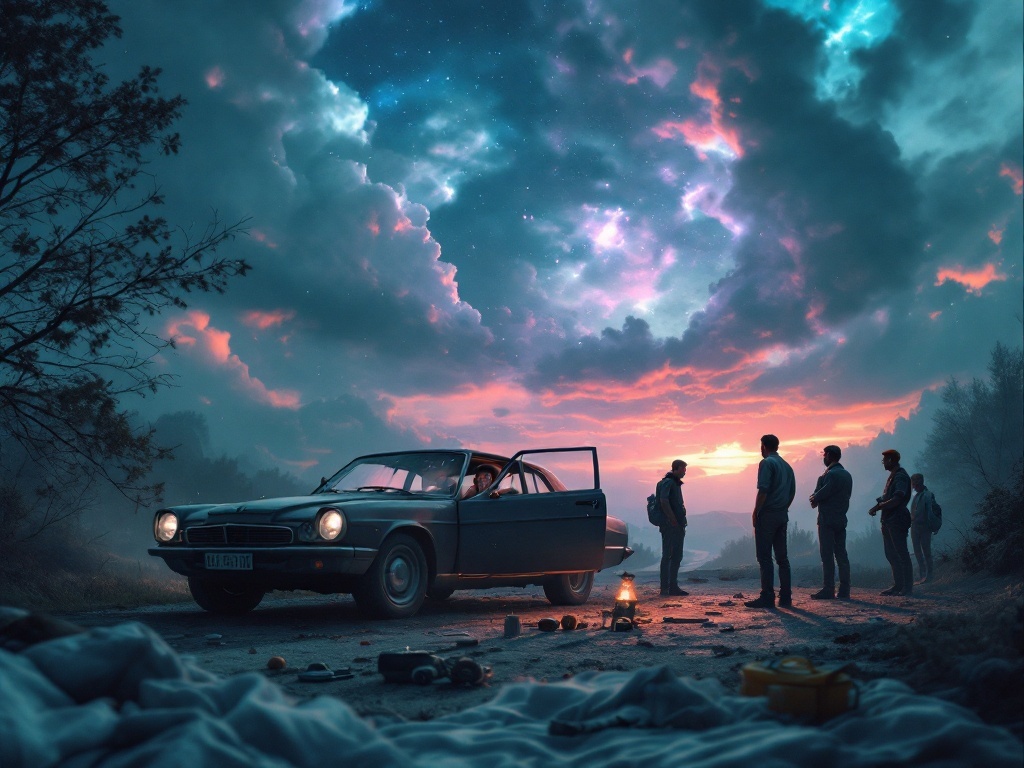    К чему такое снится: На картине изображена старенькая машина на обочине дороги, вокруг которой стоят несколько служителей. Водитель, выглядывающий из открытой двери автомобиля, замер в о