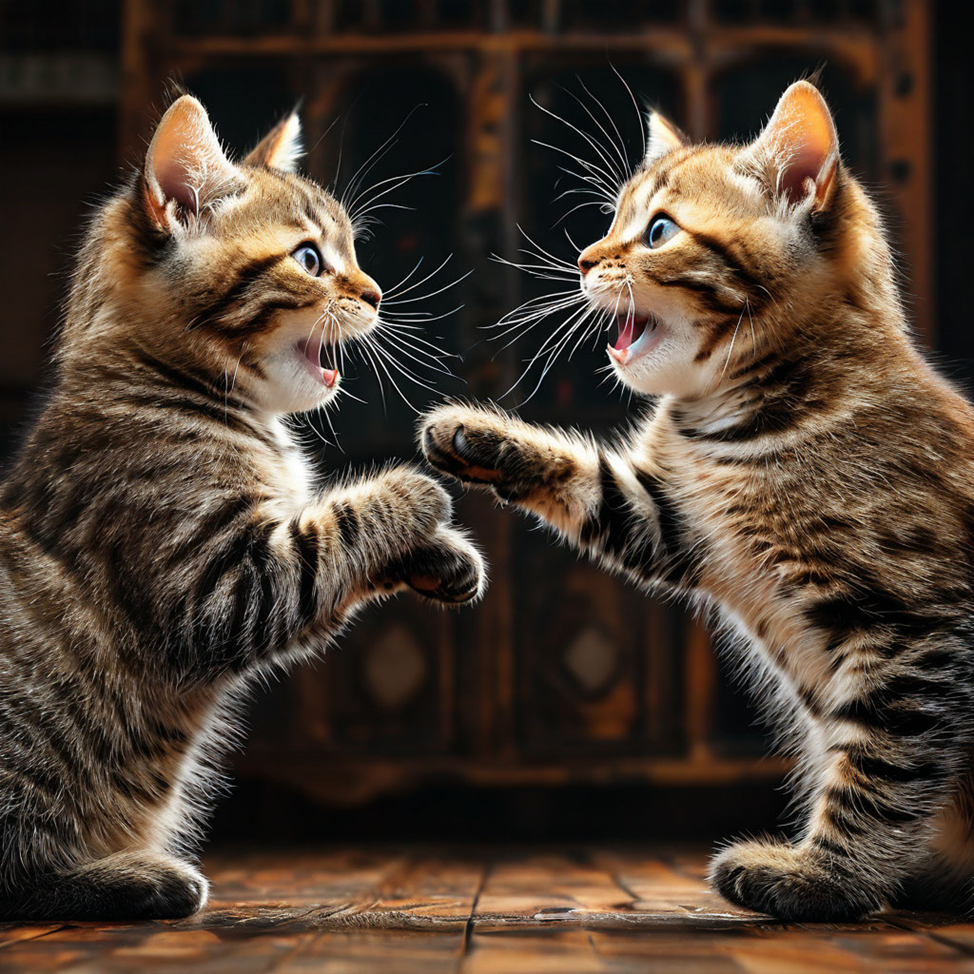 Котики переживают очень ярко. Глаза огромные – кажется, из них сыпятся искры; уши нервно прижаты к голове или растопырены; зубы и когти готовы к кровавым подаркам; шерсть дыбом. Котики из очаровашек превращаются в злыдней! Шипят и фыркают, будто сштряфкают-слопают друг друга живьём.