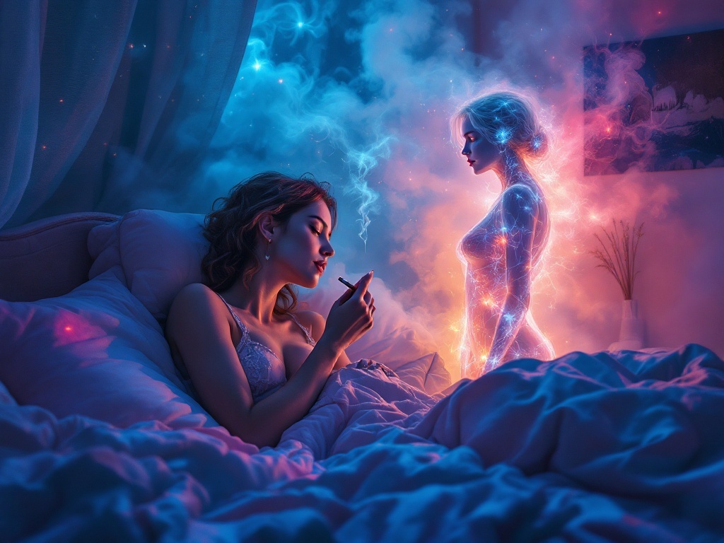    К чему такое снится: На картине изображено две женщины, стоящие и разговаривающие. Одна из них держит сигарету. Вторая, которая выглядит бледнее и прозрачнее, что символизирует её как уш