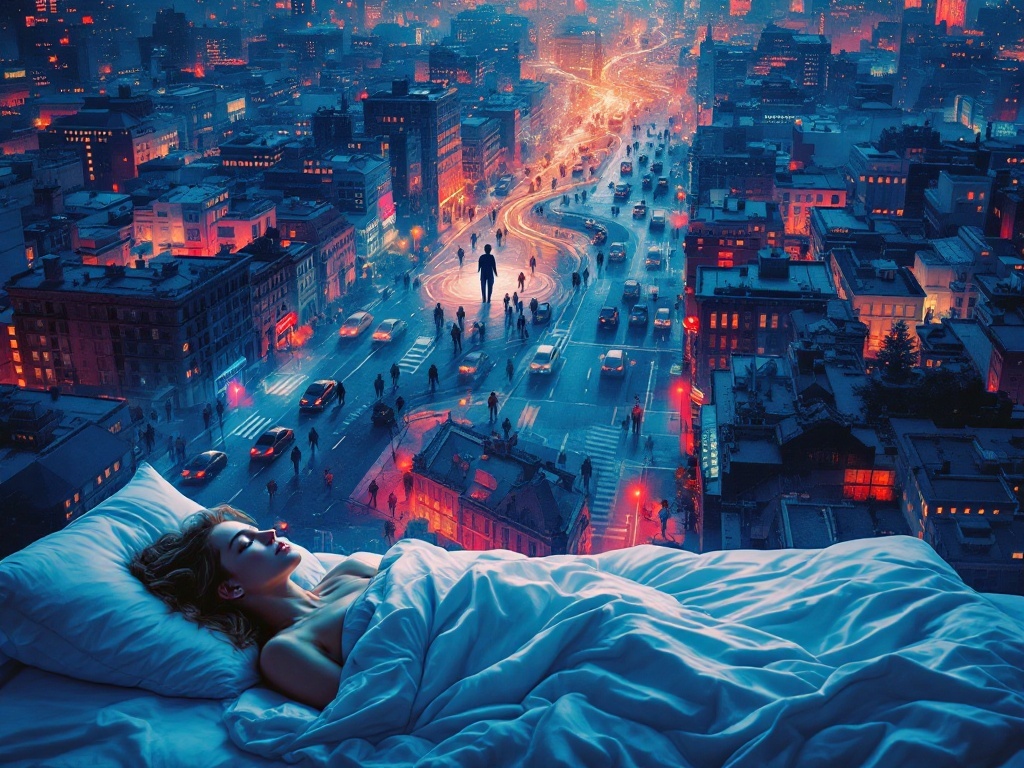    К чему такое снится: На картине изображён человек в центре оживлённого и запутанного города с множеством переплетающихся улиц и рядами незнакомых домов. Он стоит, озираясь по сторонам, п