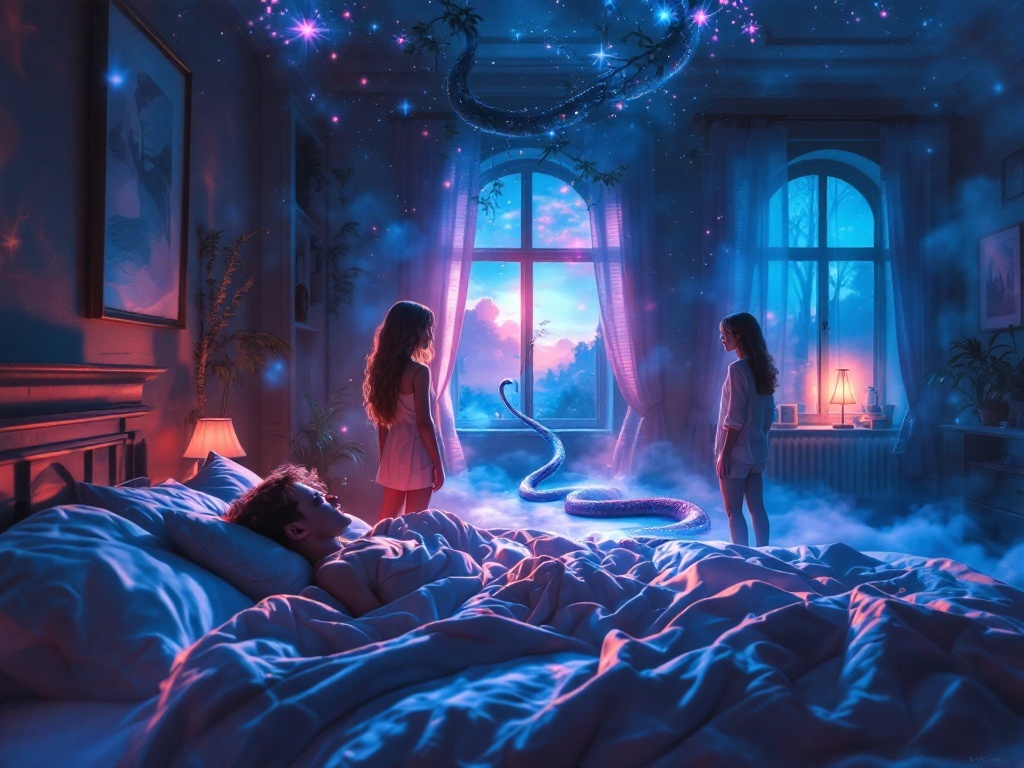    К чему такое снится: На картине изображена гостиная квартиры. В центре комнаты мой брат стоит, а к нему приползает змея и кусает его за ногу. В углу комнаты стоит я, наблюдая за происход