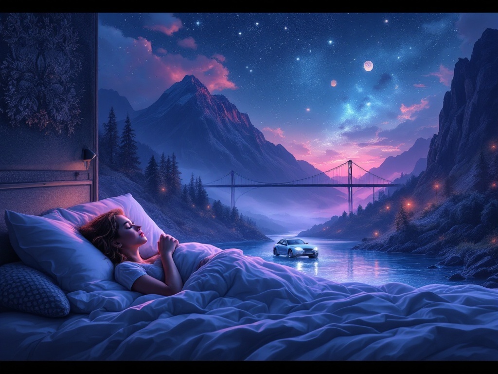    К чему такое снится: На картине изображена машина с мужчиной за рулём и женщиной на пассажирском сиденье. Машина движется вброд под мостом водоема, в то время как недалеко виден мост. Вб